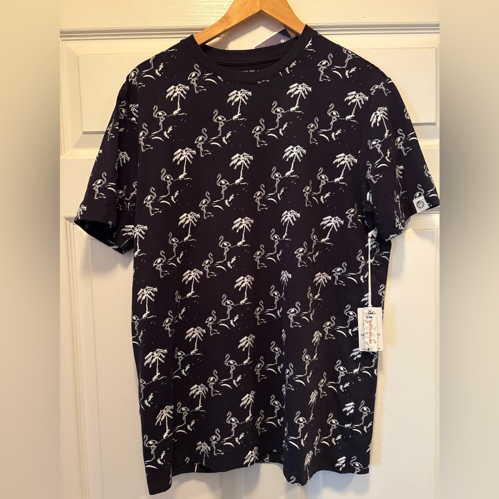 Free Planet Black Tee with White Flamingo and Palm Design